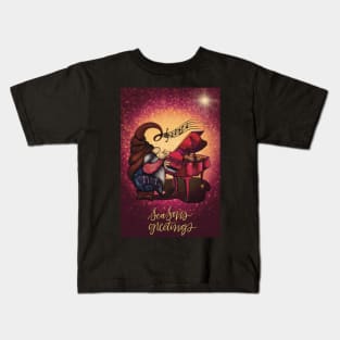 Cute Christmas greeting card with hippie gnome playing music on the piano Kids T-Shirt